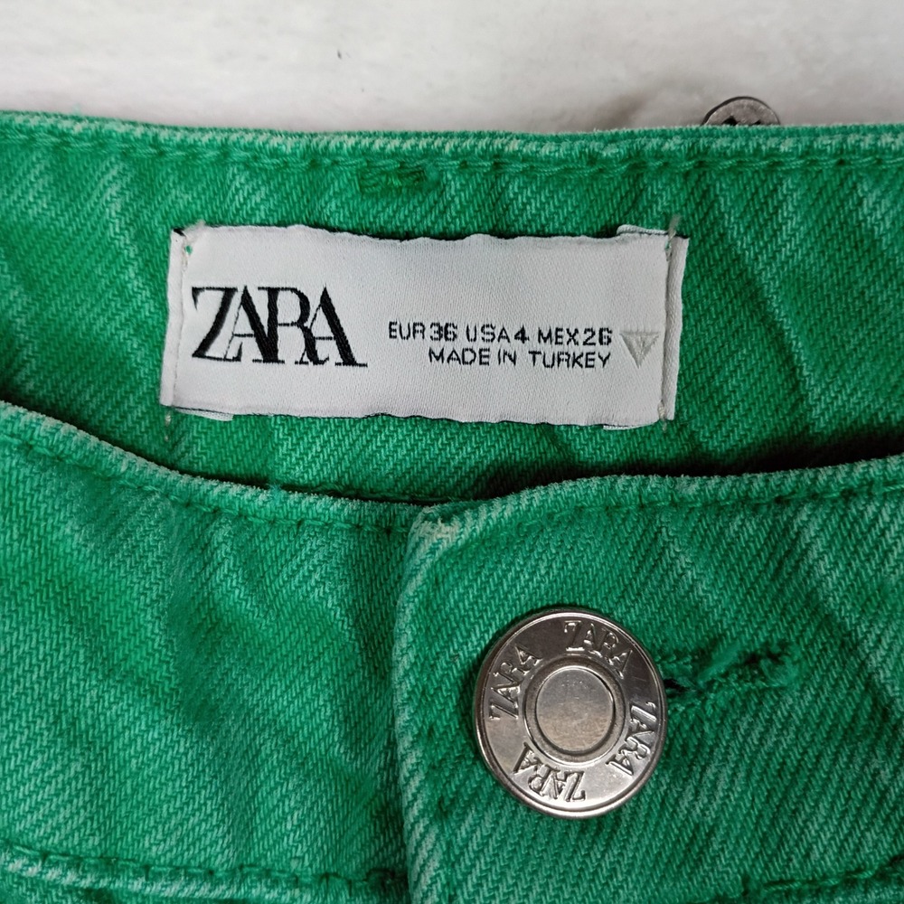 Zara Green High Waisted Wide Leg Jeans Raw Hem Size 4 MEX 26 Kelly Green Denim - Picture 4 of 6